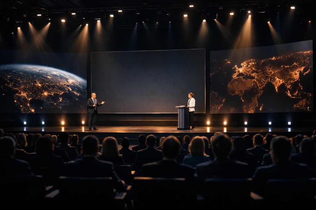 Plenary session with global stage screens and delegates seated in the audience